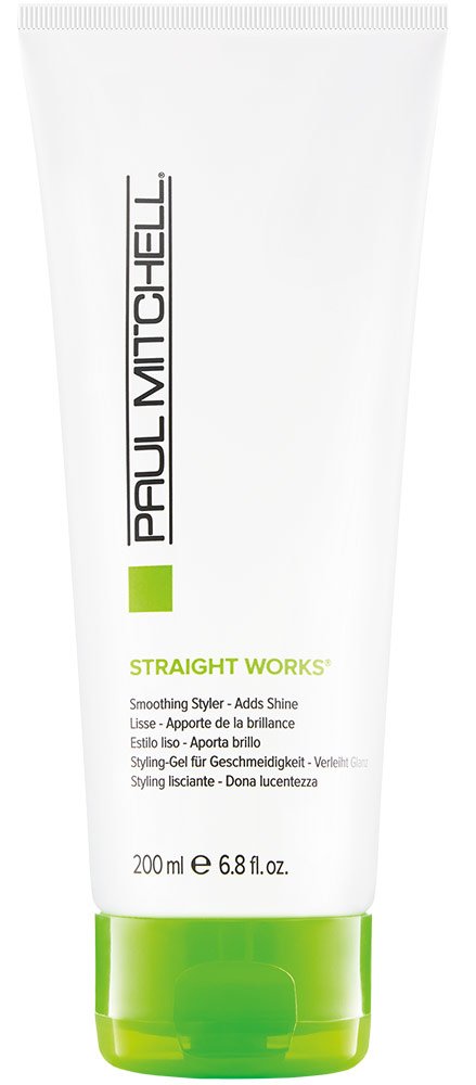 Paul Mitchell Straight Works gel bottle shows smoothing action for frizzy hair