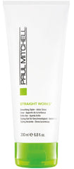 Paul Mitchell Straight Works gel bottle shows smoothing action for frizzy hair