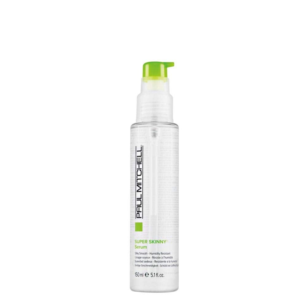 Paul Mitchell Super Skinny Serum bottle with pump ready for damp hair to smooth.