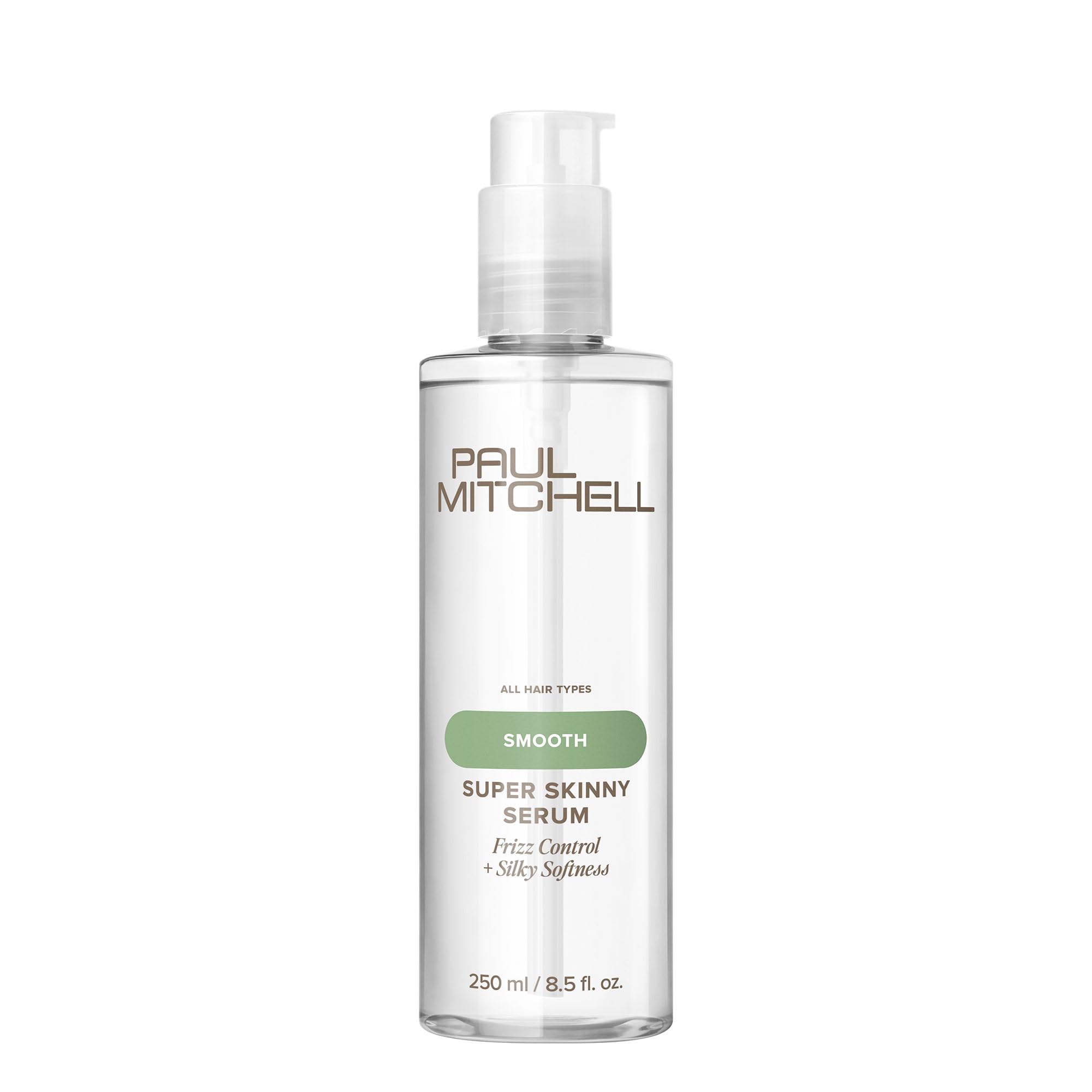 Paul Mitchell Super Skinny Serum bottle on vanity showing heat protection and faster drying
