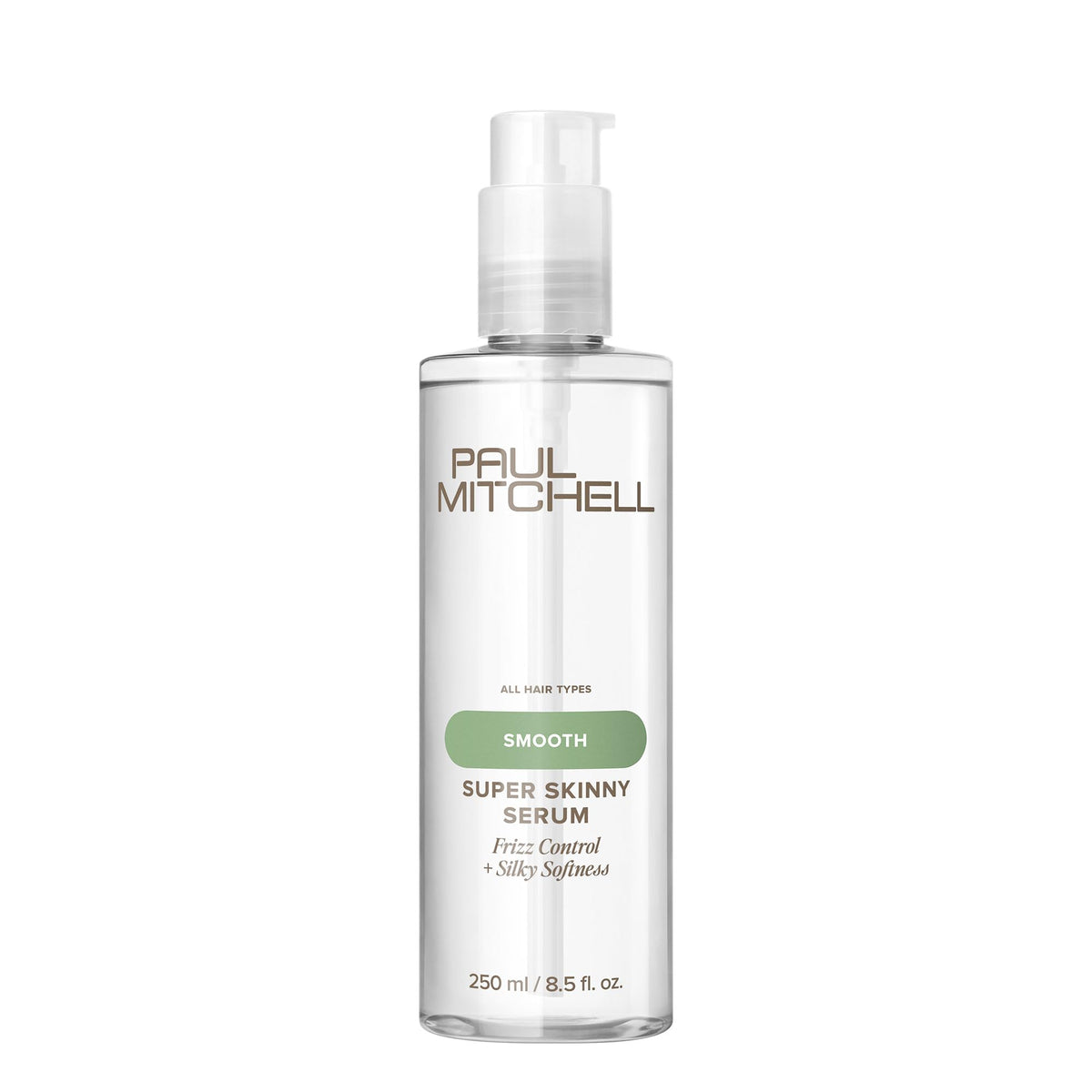 Paul Mitchell Super Skinny Serum bottle on vanity showing heat protection and faster drying