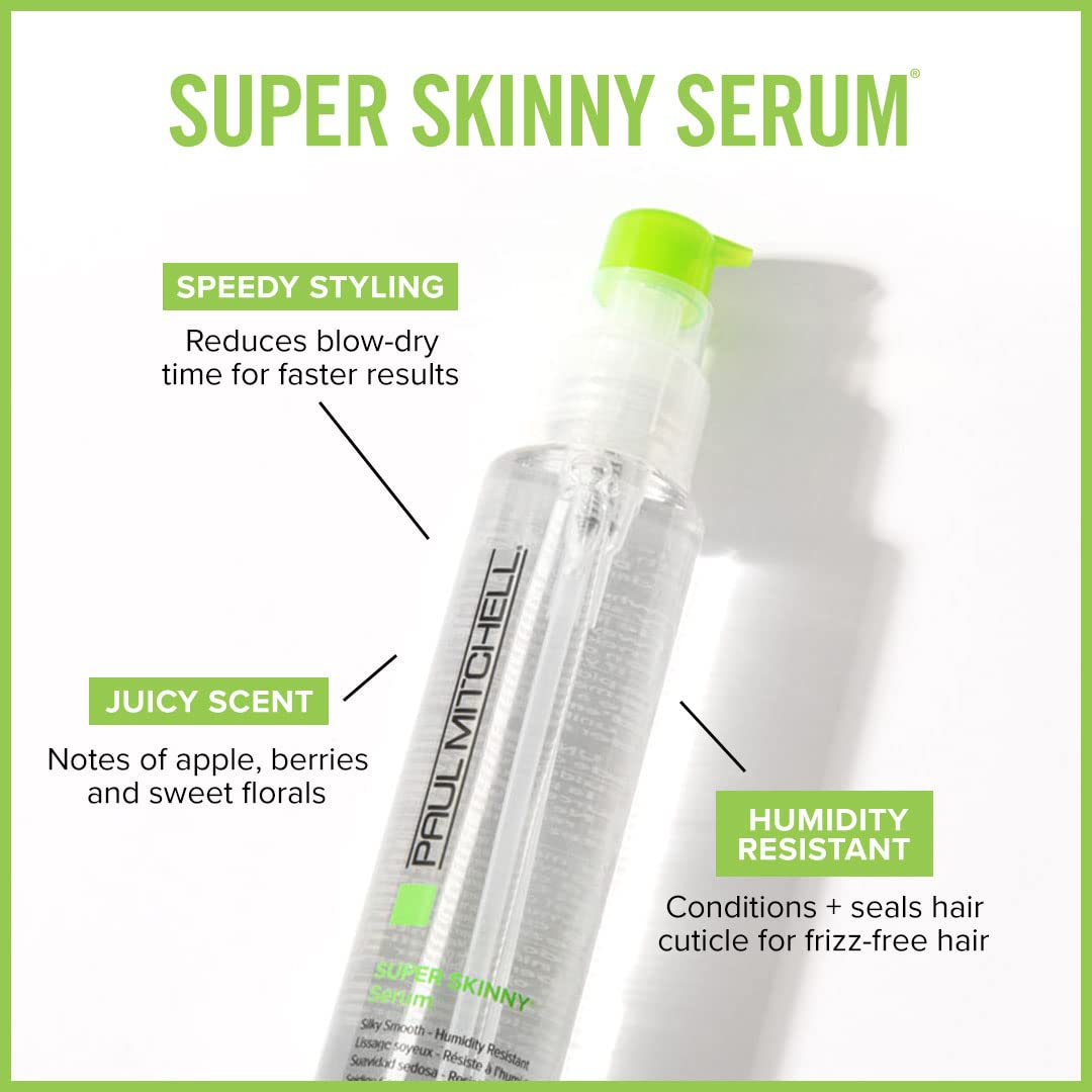 Paul Mitchell Super Skinny Serum pump dispensed into hands for quick blow-dry prep.