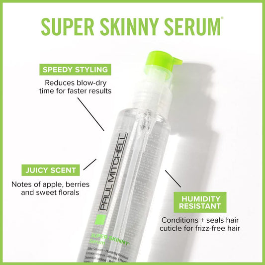 Paul Mitchell Super Skinny Serum pump dispensed into hands for quick blow-dry prep.