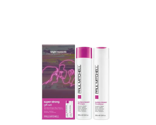 Paul Mitchell Super Strong Gift Set box with neon light design, ideal holiday gift.