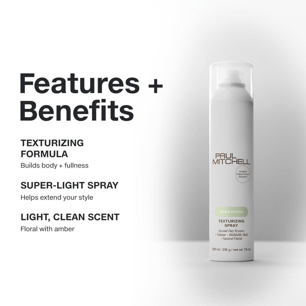 Paul Mitchell Texturizing Spray on hair reveals undone texture and added body.