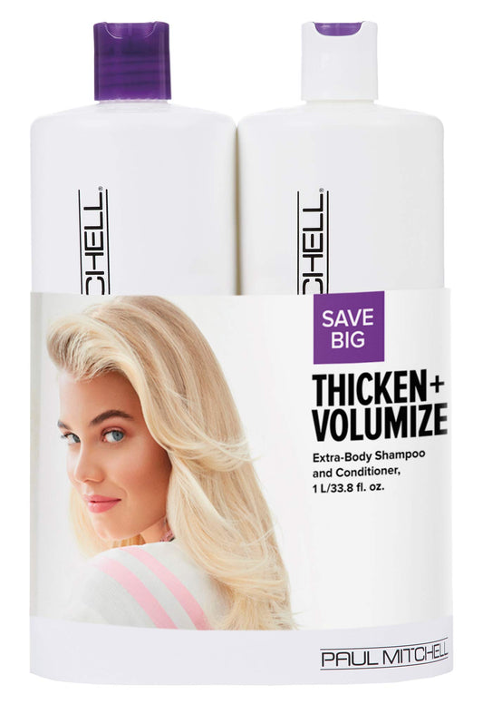Paul Mitchell Thicken Volumize Extra-Body duo set packshot for fuller hair with light lift
