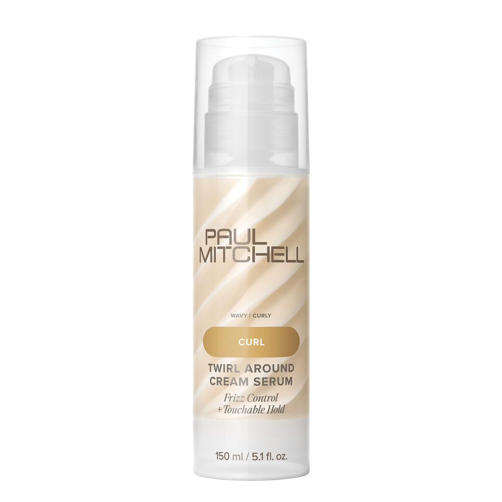 Paul Mitchell Twirl Around Cream Serum bottle close-up showing frizz control for curls