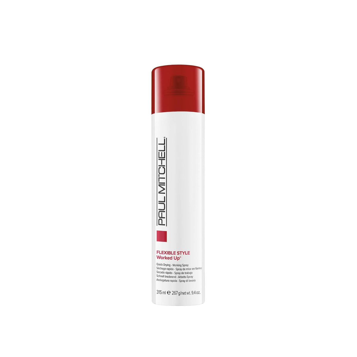 Paul Mitchell Worked Up hairspray bottle offers flexible, brushable memory for adaptable styling.