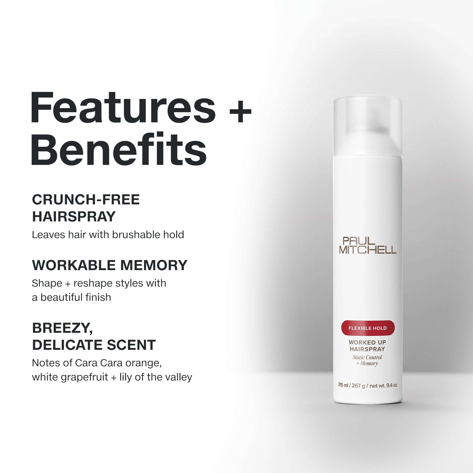 Paul Mitchell Worked Up spray in action shows quick-dry performance for styling.