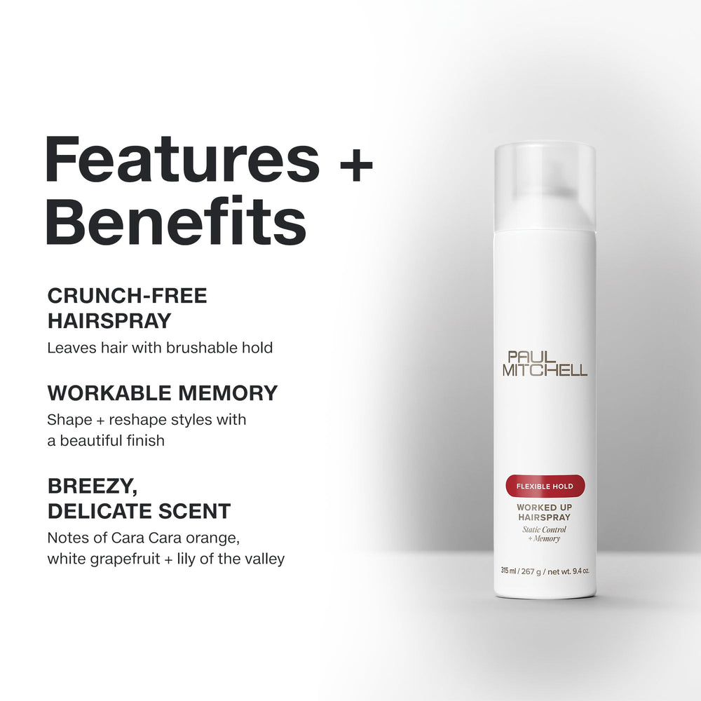 Paul Mitchell Worked Up spray in action shows quick-dry performance for styling.