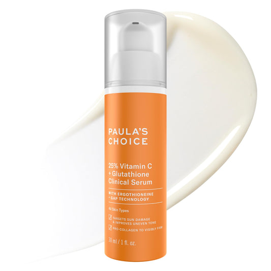 Paula's Choice 25% Vitamin C serum bottle emphasizes antioxidant protection for even tone