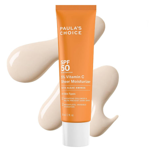 Paula's Choice 5% Vitamin C Sheer Sunscreen bottle with invisible finish for all skin tones.