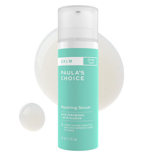 Paula's Choice Calm Serum bottle close-up for soothing hydration.