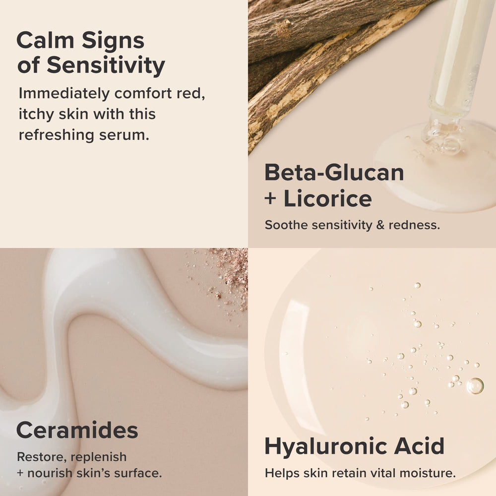 Paula's Choice Calm Serum bottle with pump highlighting anti-aging benefits.