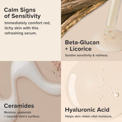 Paula's Choice Calm Serum bottle with pump highlighting anti-aging benefits.