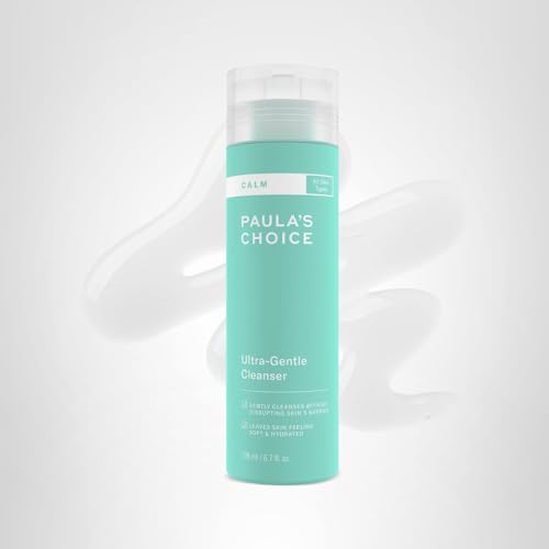 Paula's Choice CALM Ultra-Gentle Cleanser bottle in bathroom setting implies a daily routine.