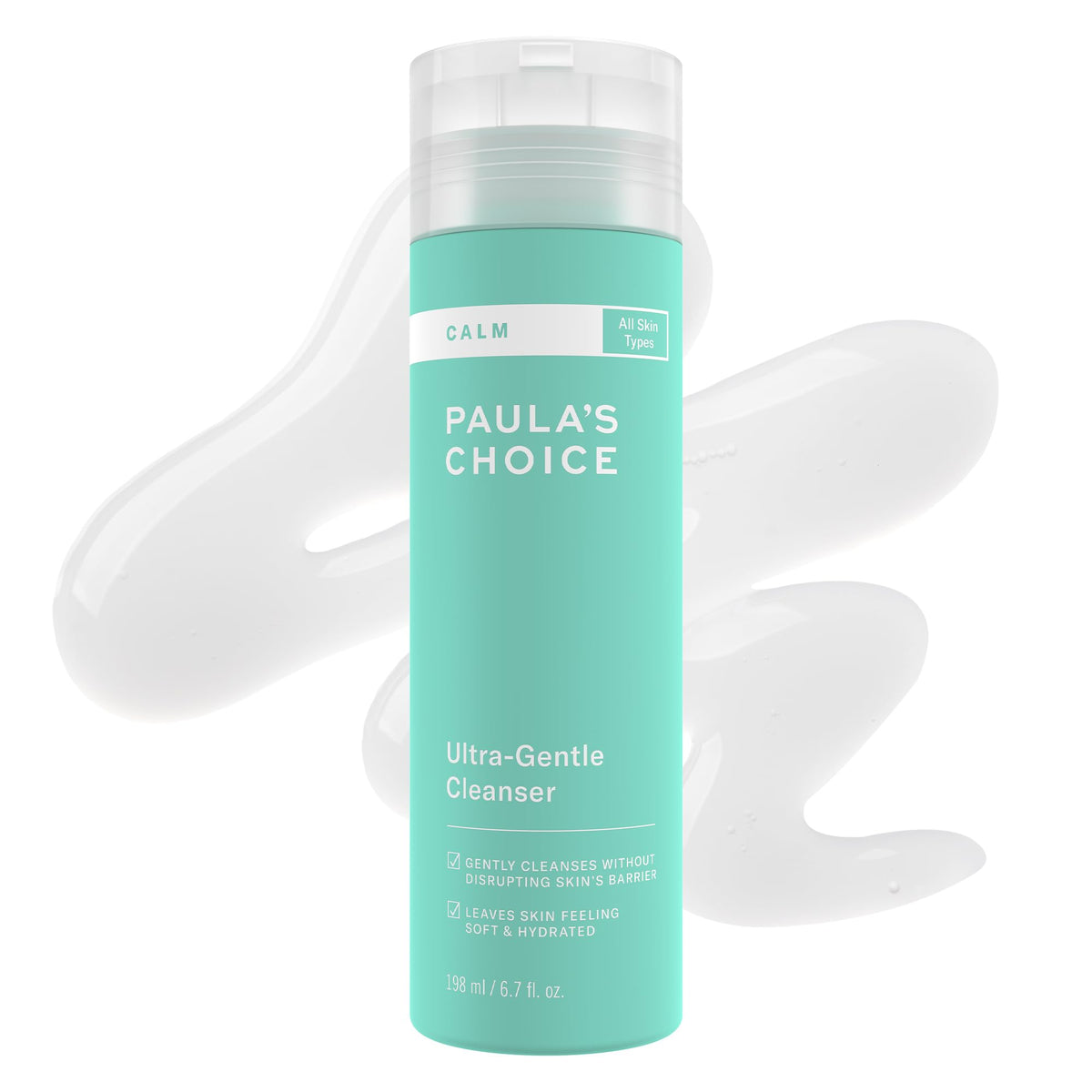 Paula's Choice CALM Ultra-Gentle Cleanser bottle front calms sensitive skin during cleansing.