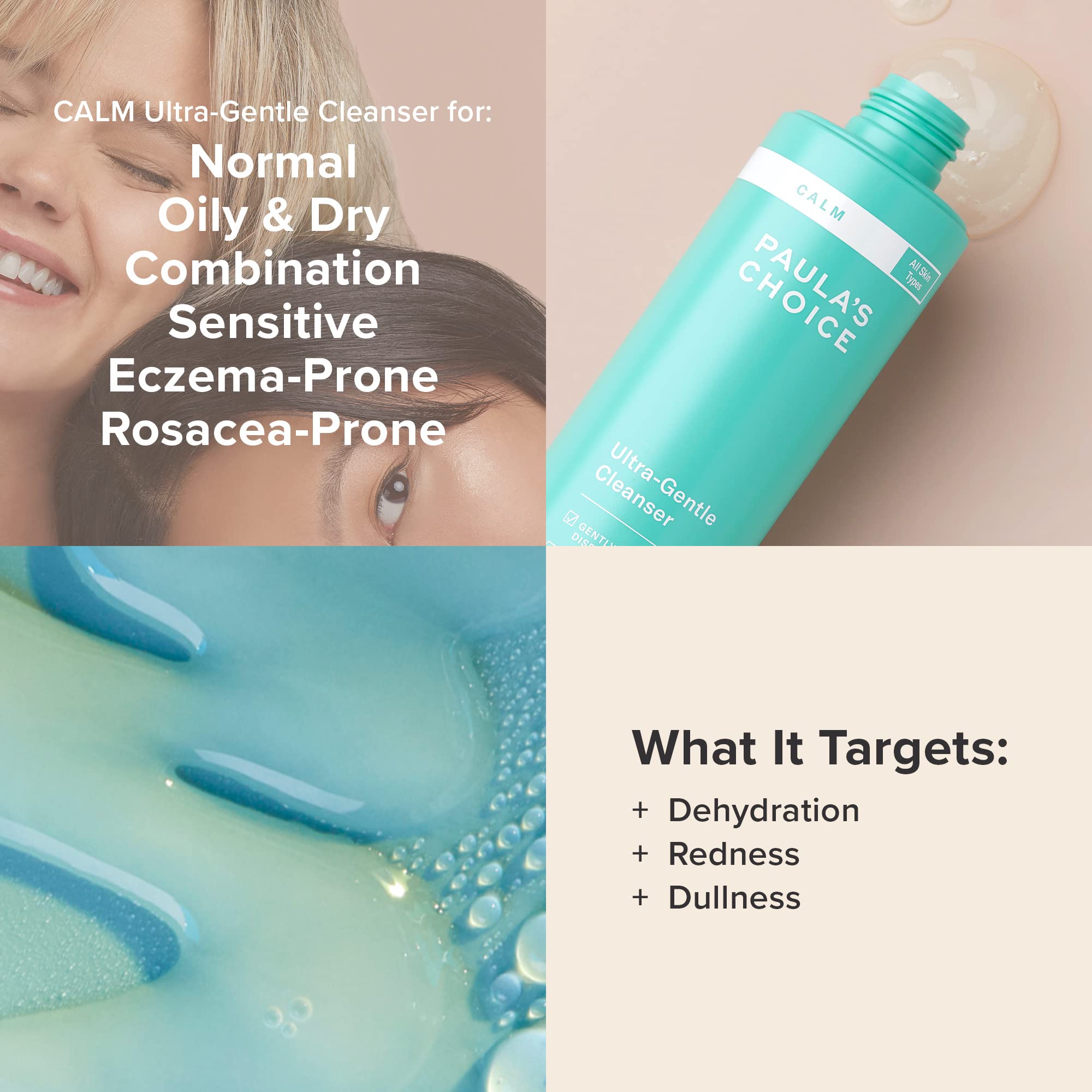 Paula's Choice CALM Ultra-Gentle Cleanser pump-action shot suggests easy, mess-free cleansing.