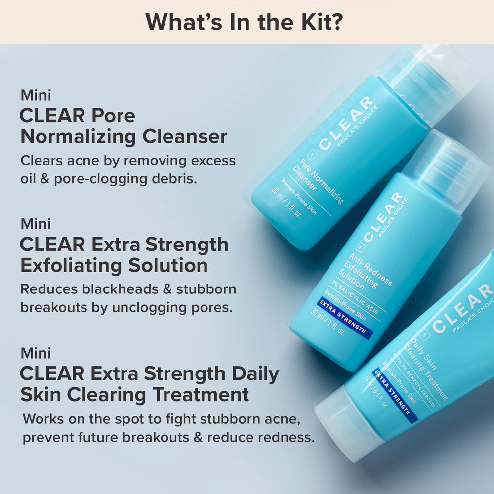 Paula's Choice CLEAR acne travel kit box showcasing 3-step routine.