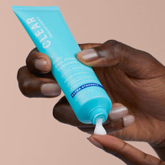 Close-up of Paula's Choice CLEAR label highlighting benzoyl peroxide formula