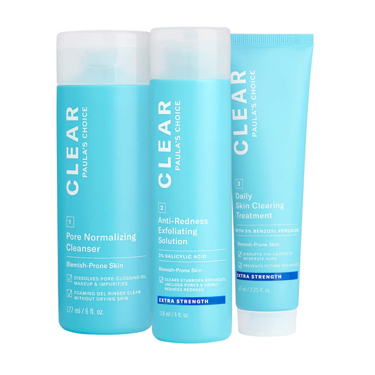 Paula's Choice Clear Extra Strength Acne Kit bottles for targeted blemish control.