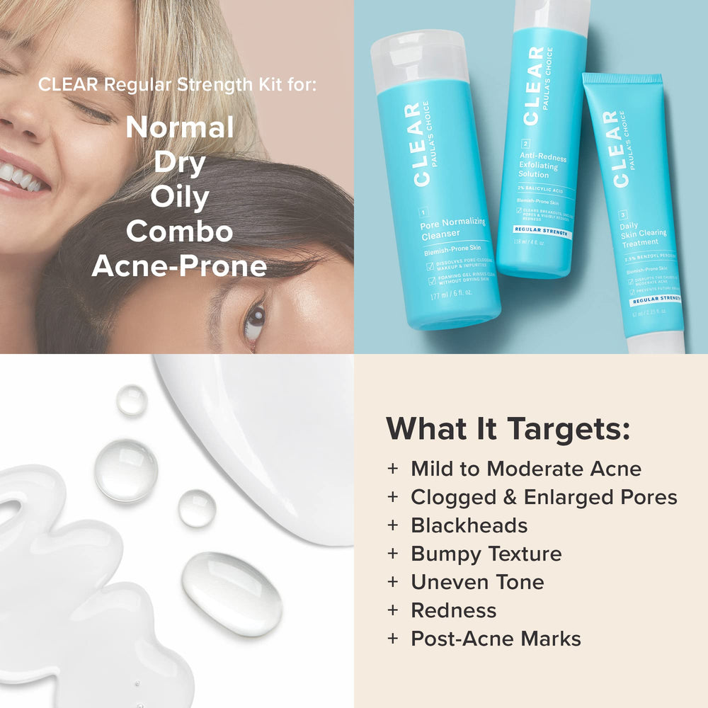 Paula's Choice CLEAR Regular Strength kit packaging varies, compact multi-step routine.