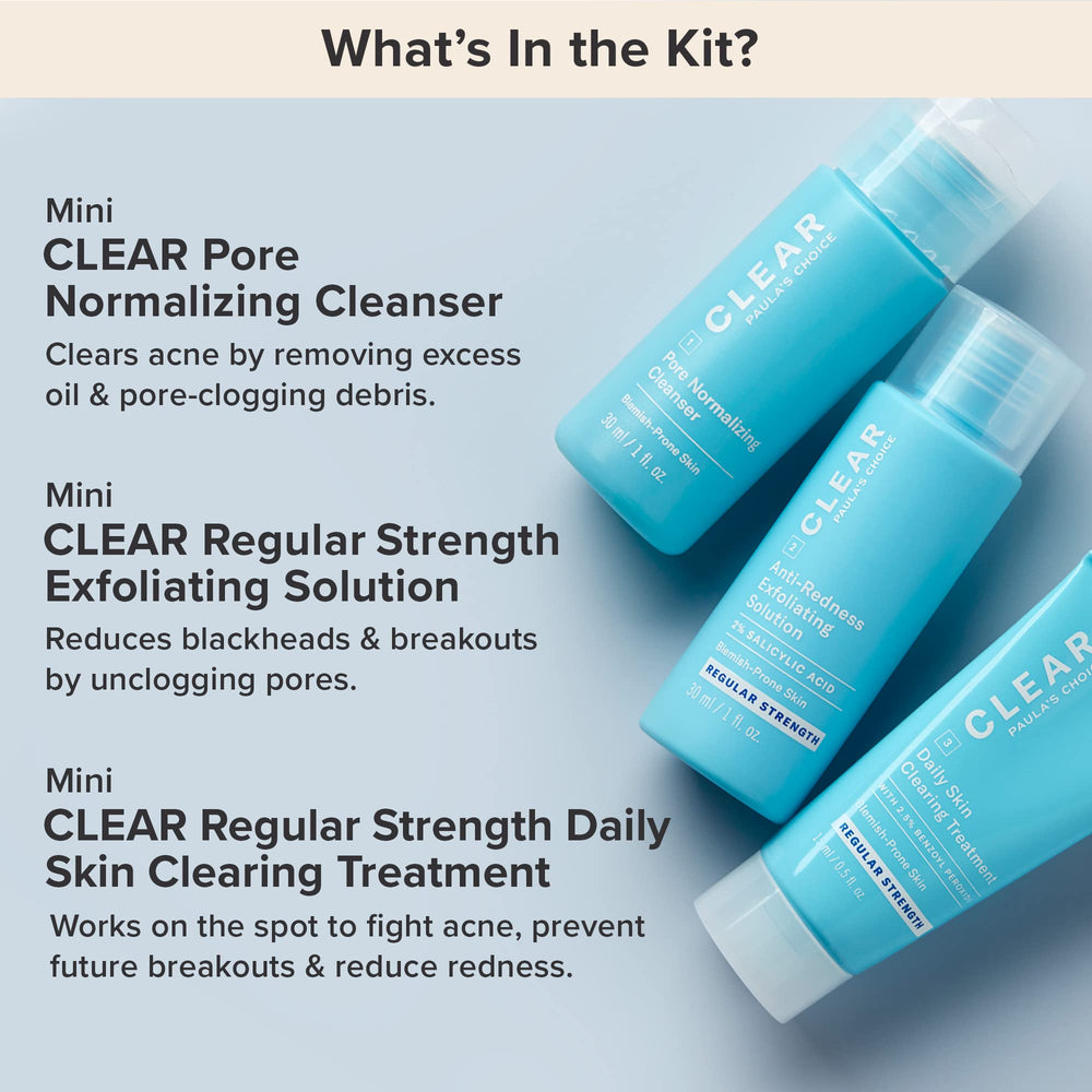 Paula's Choice CLEAR travel kit moisturizer shows lightweight hydrating cream.