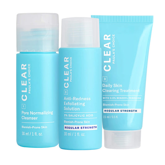 Paula's Choice CLEAR travel kit packaging shows the 3-step routine for clearer skin.