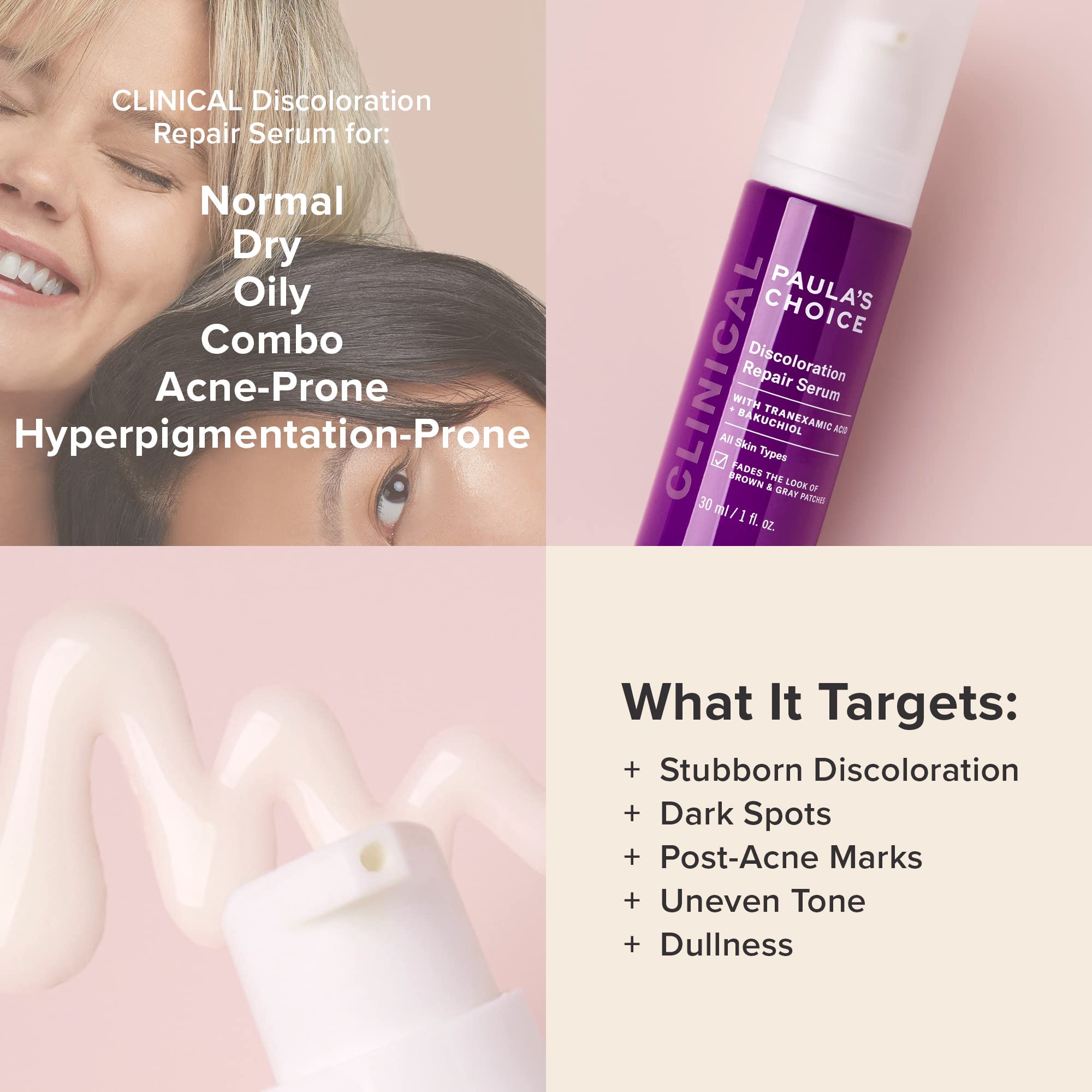 Paula's Choice Clinical Discoloration Serum ingredients visual featuring tranexamic acid and niacinamide