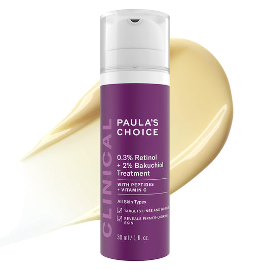 Paula's Choice Clinical retinol-bakuchiol serum bottle for nightly anti-aging routine.