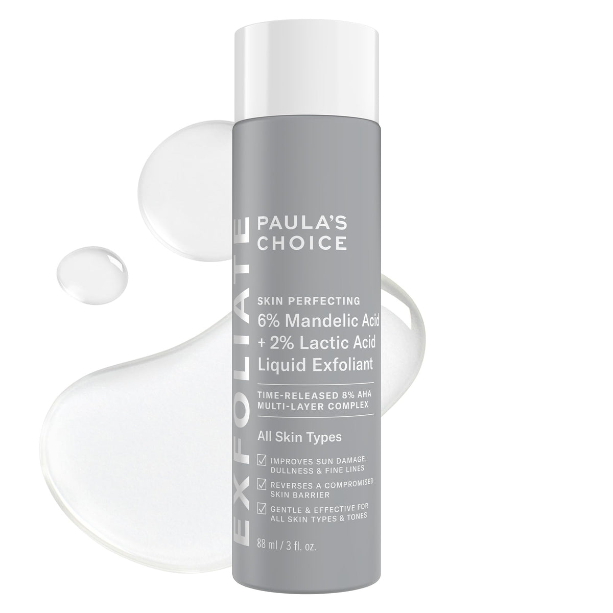 Paula's Choice mandelic-lactic exfoliant bottle pour promoting gentle daily renewal