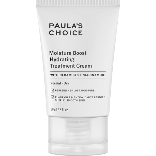 Paula's Choice Moisture Boost Hydrating Treatment Cream jar closeup showing rich moisture for dry skin.
