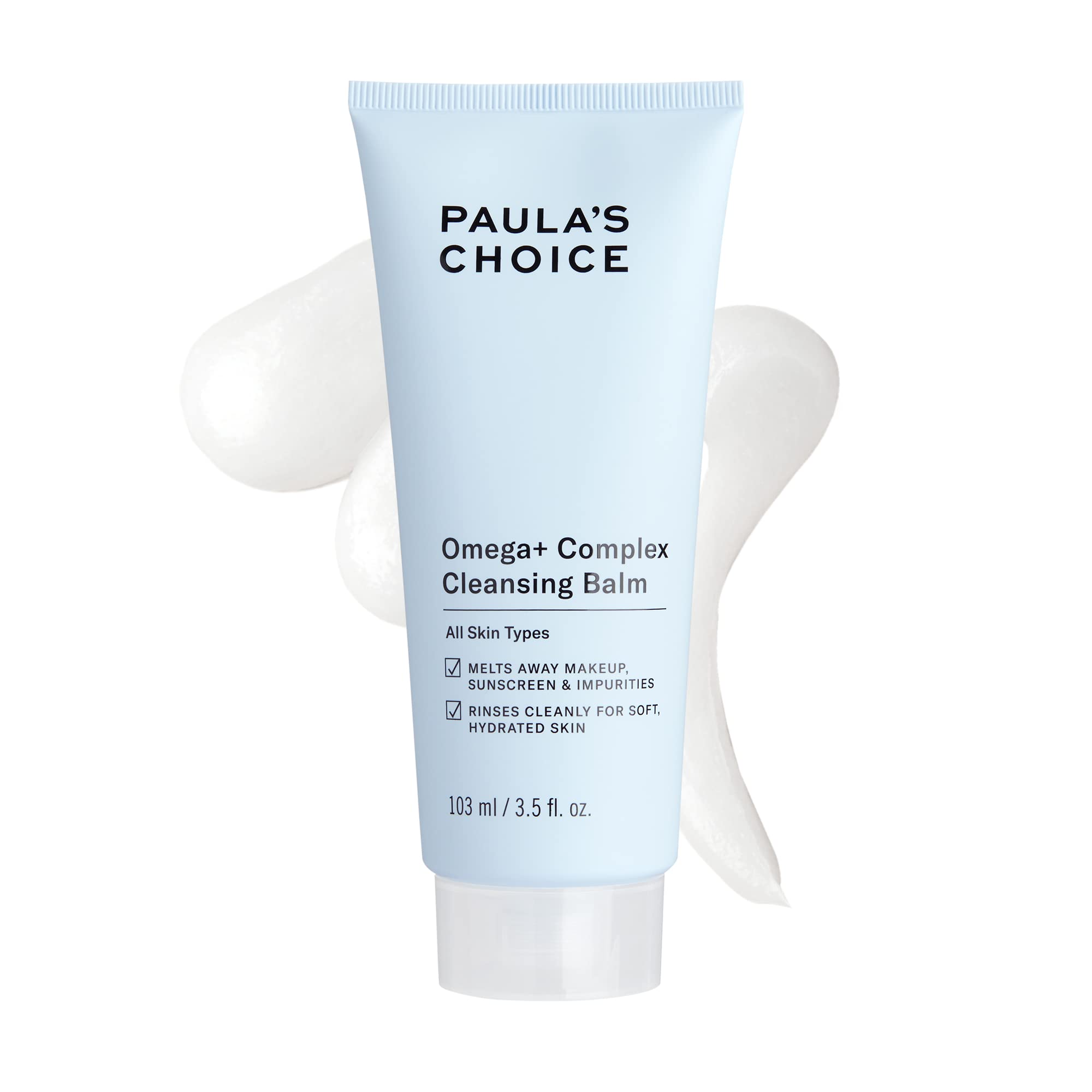 Paula's Choice Omega Complex cleansing balm in a jar closeup, melting makeup gently for clean skin.