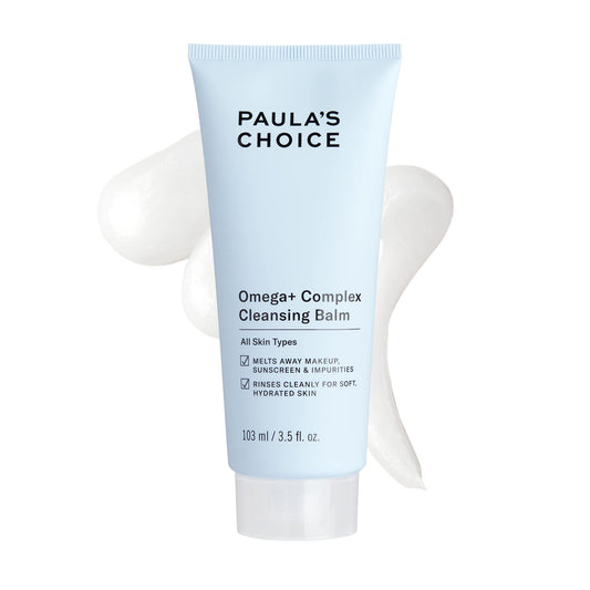 Paula's Choice Omega Complex cleansing balm in a jar closeup, melting makeup gently for clean skin.
