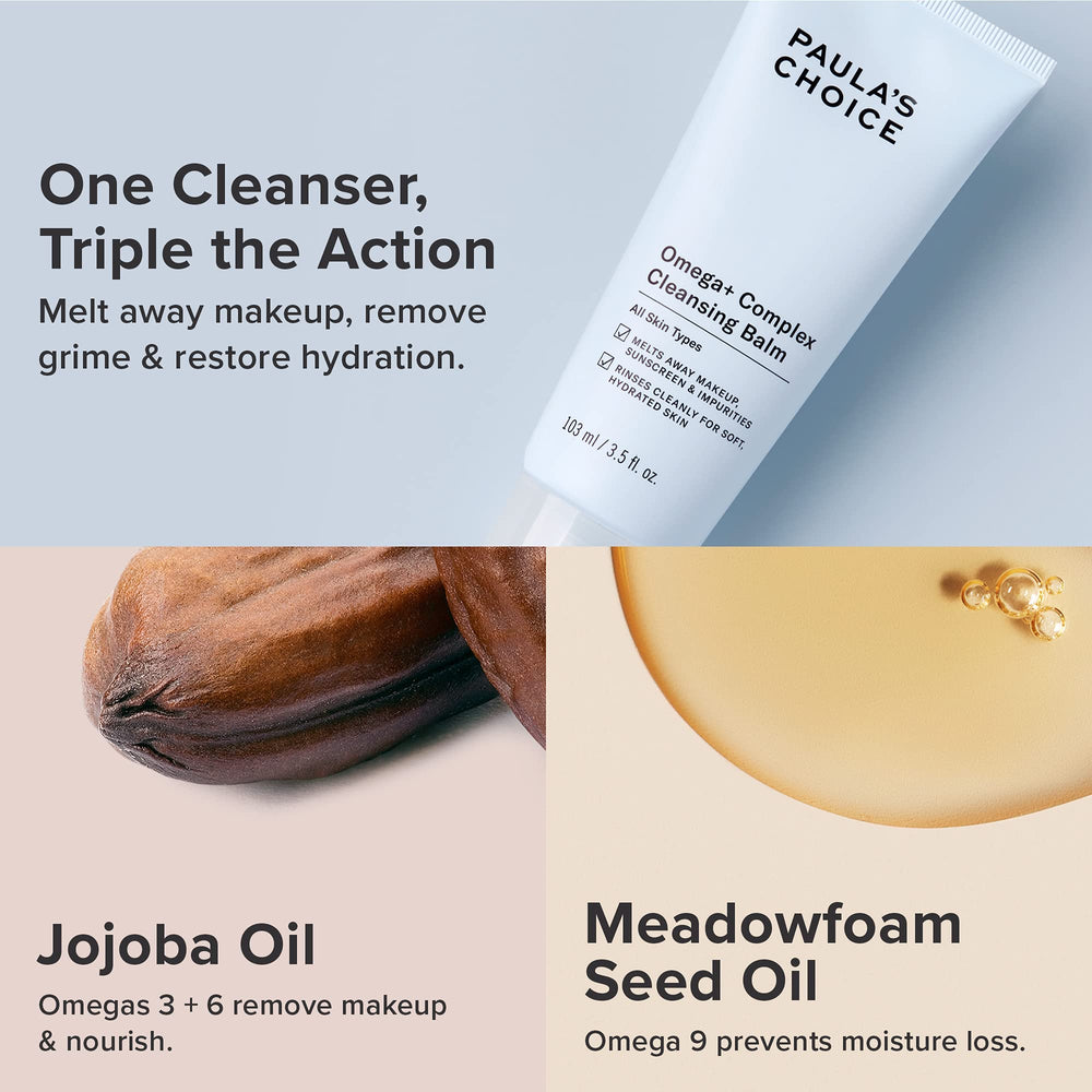 Texture-focused Paula's Choice balm on finger demonstrates lush emollient cleansing.