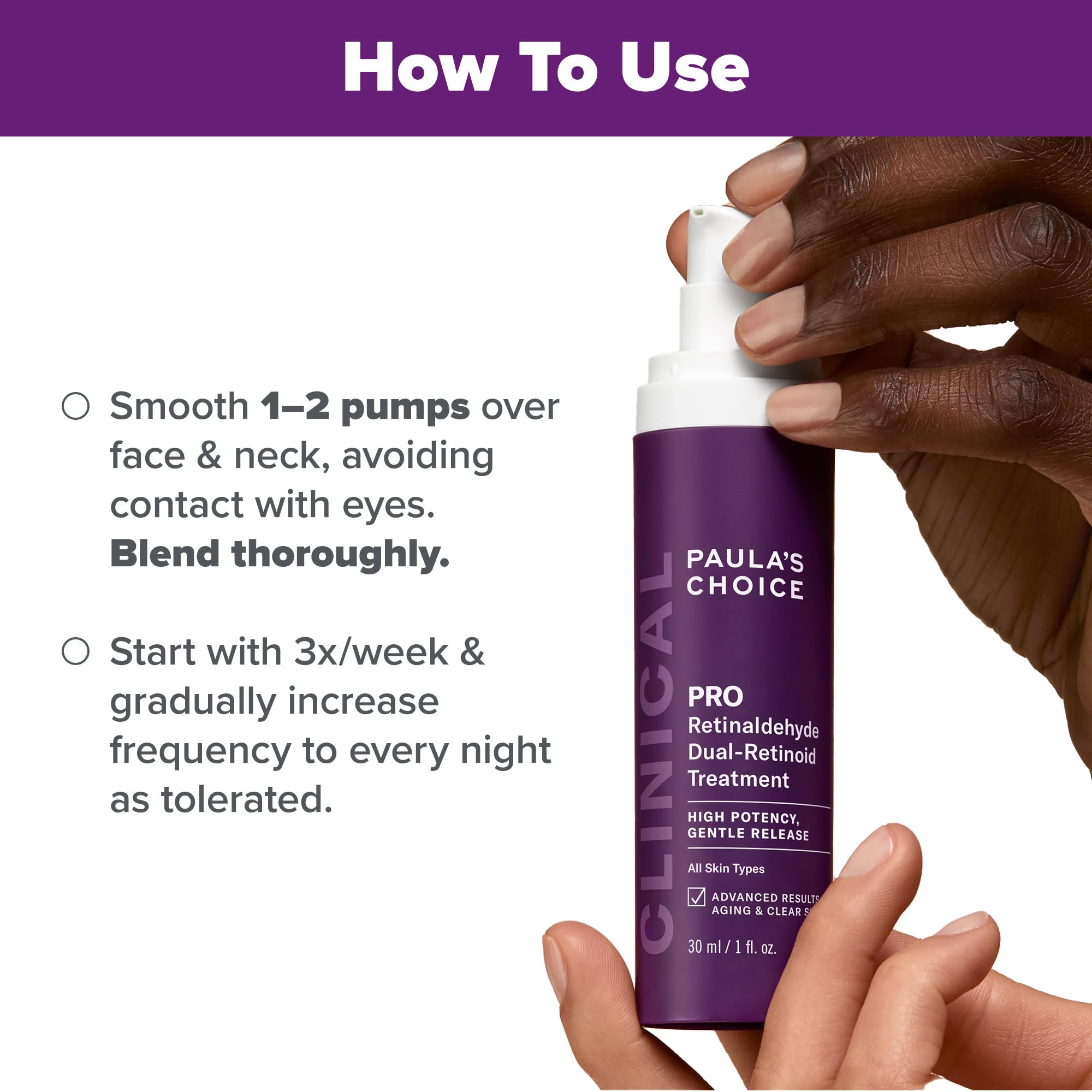 Paula's Choice Pro Retinaldehyde serum applied on clean skin for quick absorption.