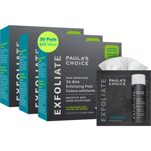 Paula's Choice Skin Perfecting 2% BHA Pads packaging highlights travel-friendly format.