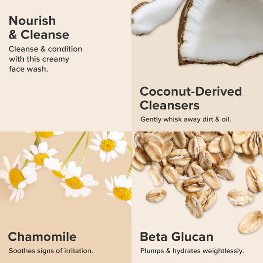 Close-up of the cleanser texture showing rich, creamy lather for sensitive skin.