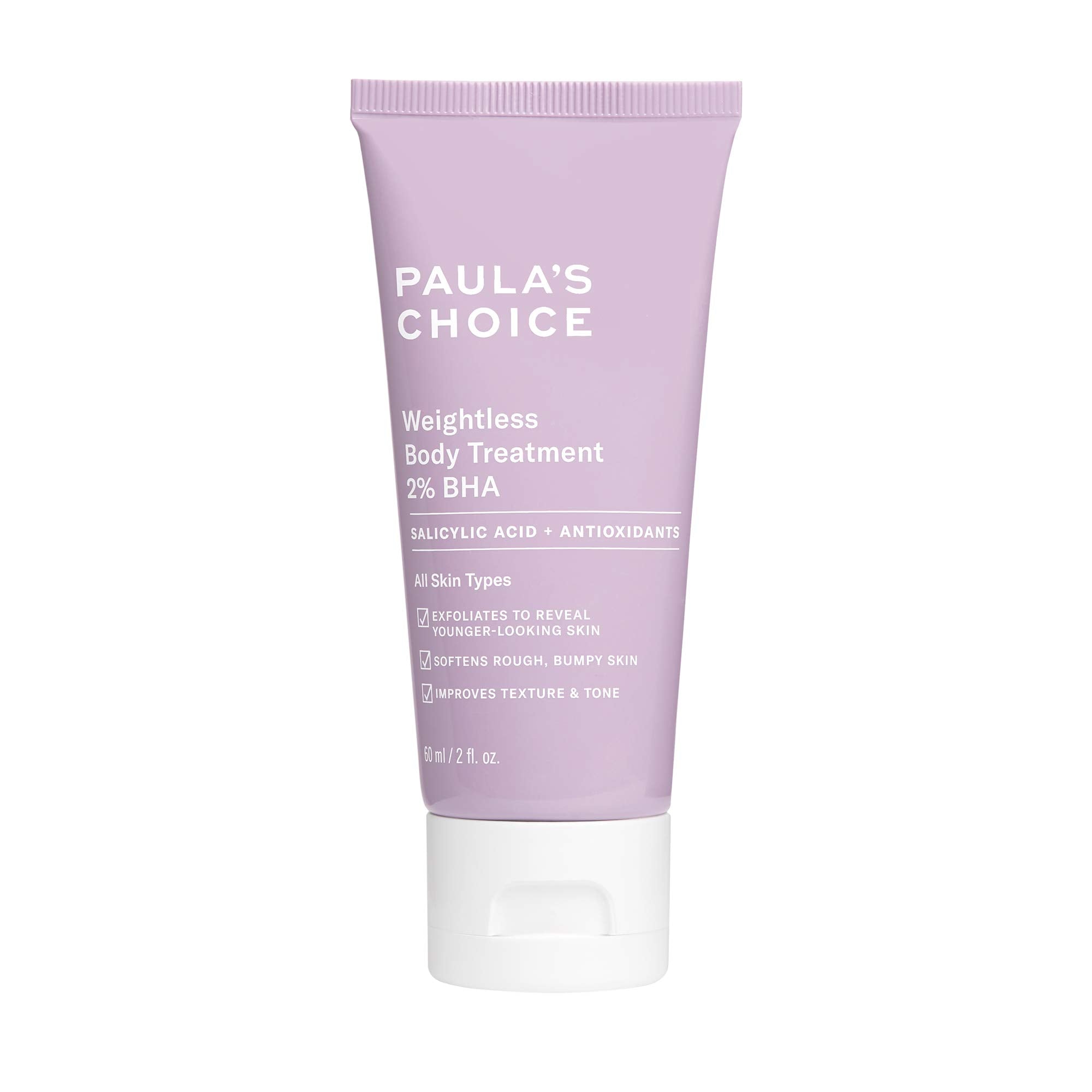 Paula's Choice Weightless Body Treatment bottle pour for KP-prone skin exfoliation.