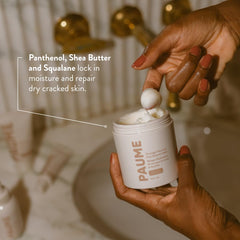 PAUME Overnight Mask on hands and feet close-up highlighting soothing cream