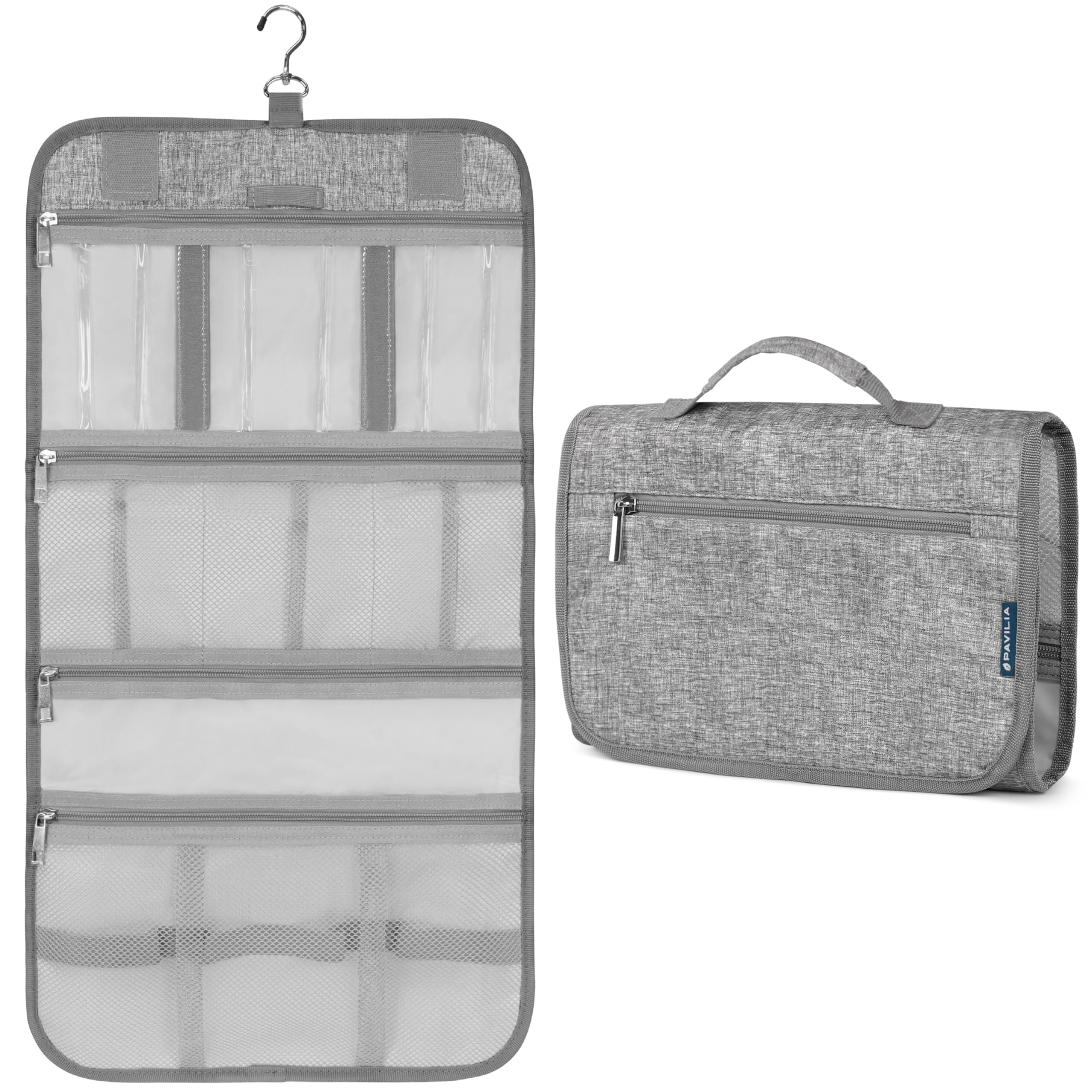 PAVILIA hanging toiletry bag with hook for easy access in hotel bathrooms.