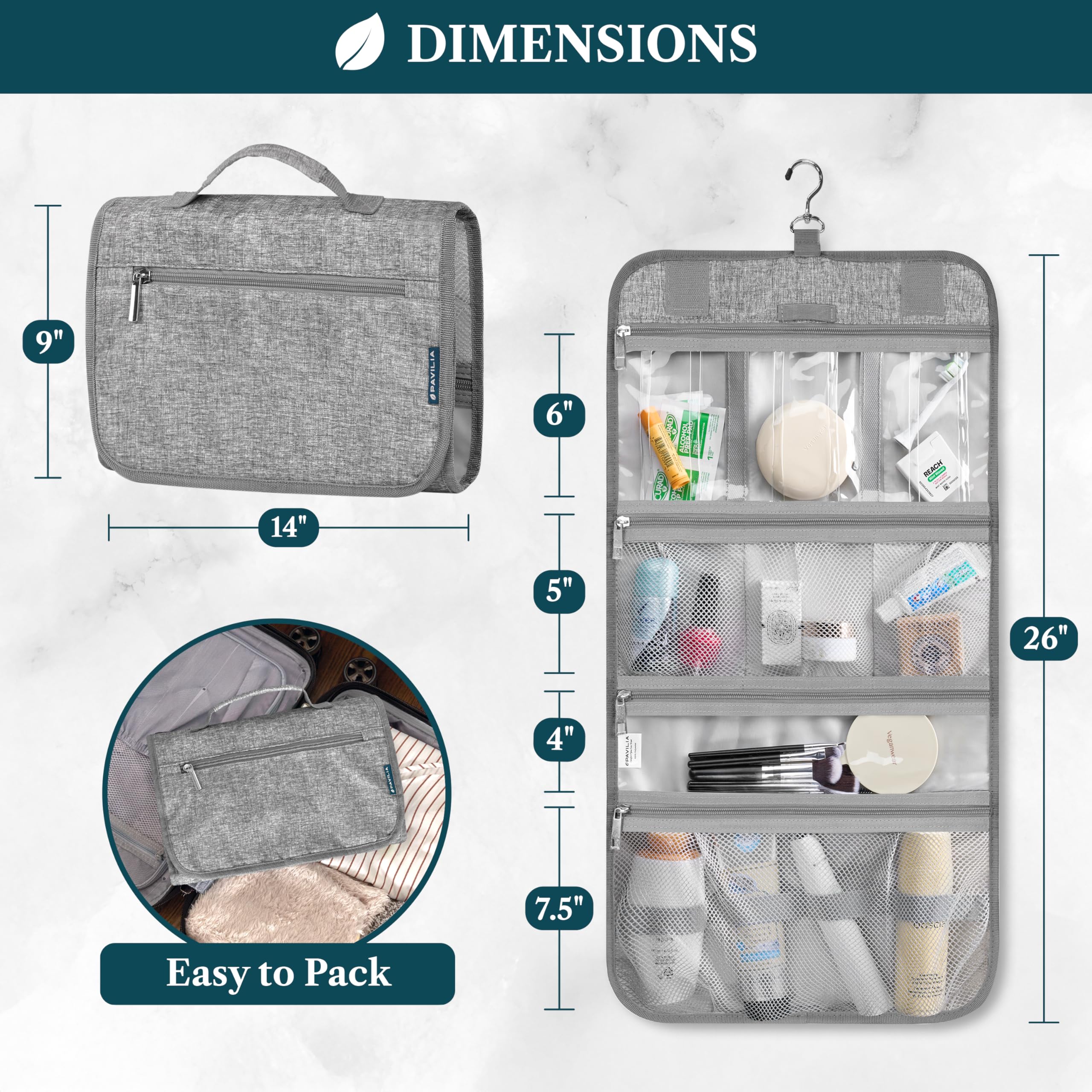 PAVILIA foldable toiletry bag unfolded showing four roomy compartments.