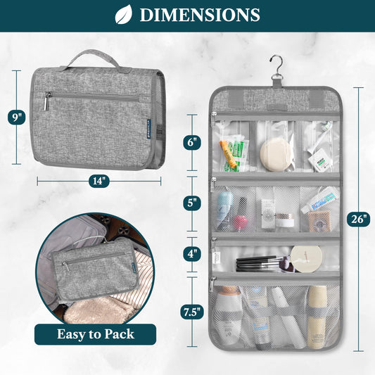 PAVILIA foldable toiletry bag unfolded showing four roomy compartments.