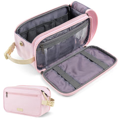 PAVILIA Toiletry Bag for Women in pink canvas, travel kit for organized packing.