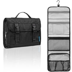 PAVILIA travel hanging toiletry bag shows main compartments for organized packing on trips