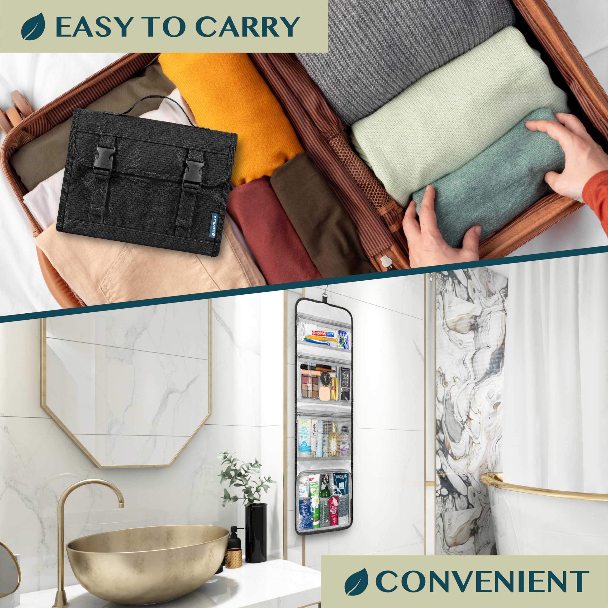PAVILIA waterproof compartment keeps wet items separated after showers