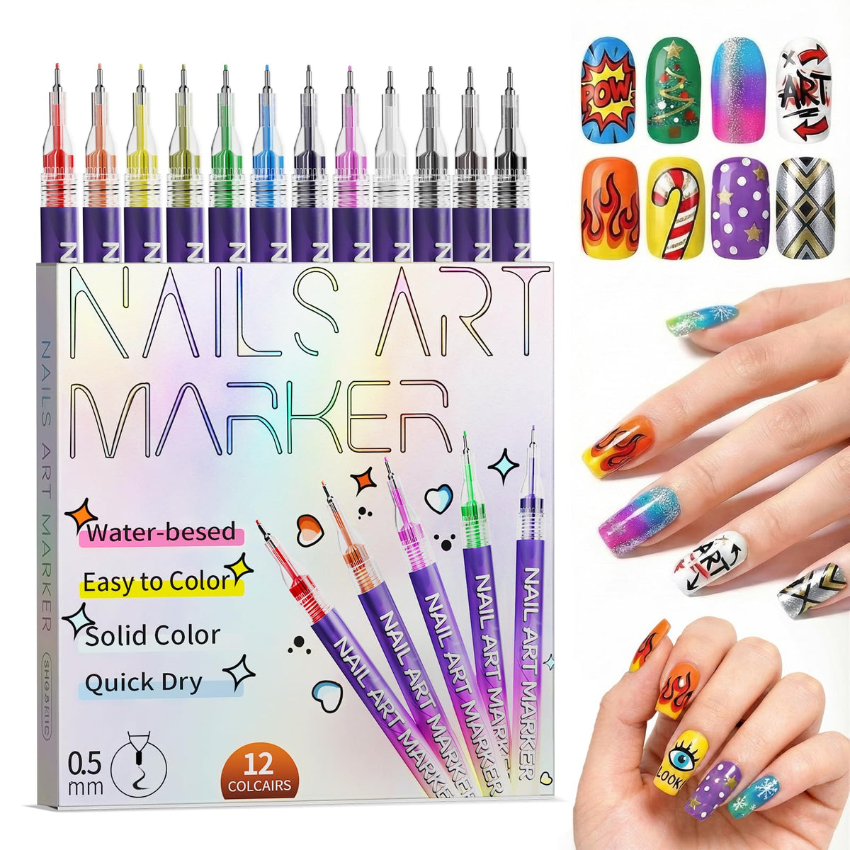 Pawhims 12-color nail art pens set with vibrant hues for precise nail designs.