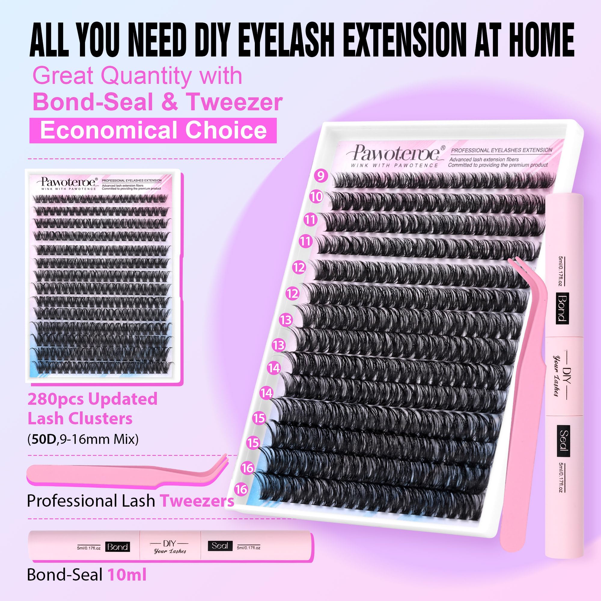 Pawotence 50D 9-16mm cluster lashes for natural, voluminous lashes