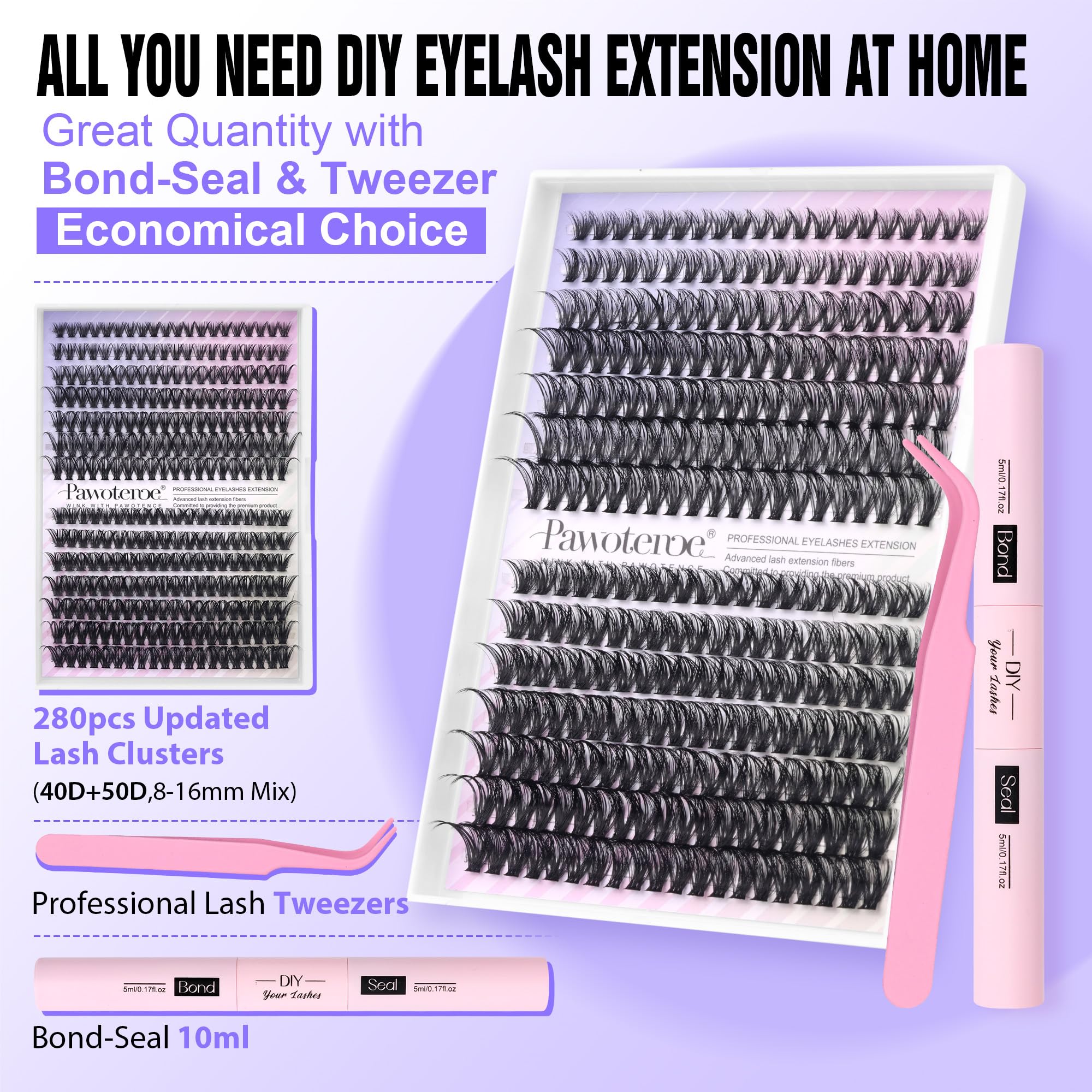 Pawotence 40D/50D cluster lashes in 8-16 mm for fuller, natural-looking lashes.