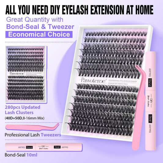 Pawotence 40D/50D cluster lashes in 8-16 mm for fuller, natural-looking lashes.